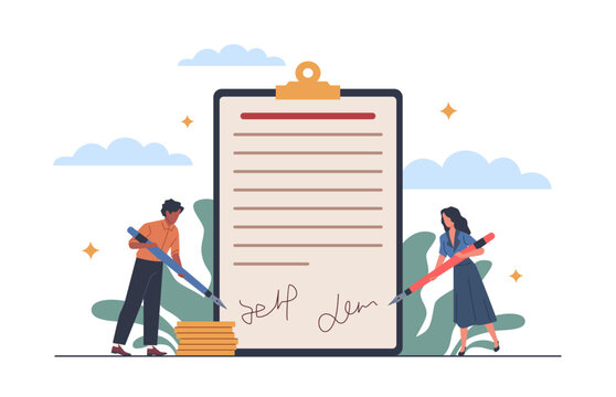 Flat people signing documents. Man and woman sign bilateral agreement, contract conclusion, legal formalities, settlement on paper nowaday vector cartoon isolated partnership concept