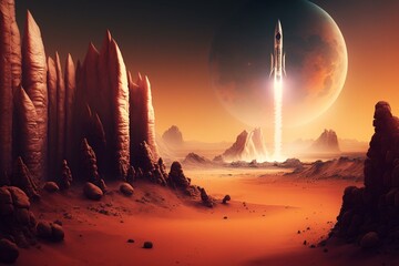A realistic mars landscape with a rocket. Generative AI