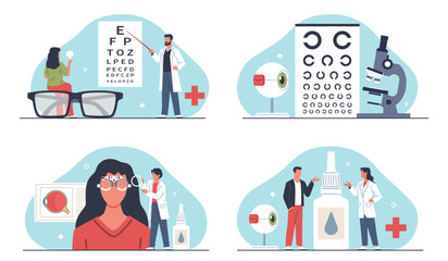 Fototapeta na wymiar Ophthalmologists treat people. Patient examination, doctors checking eyesight, selection of optics and expert advice, Optometry diagnostic and treatment. Nowaday vector cartoon flat set