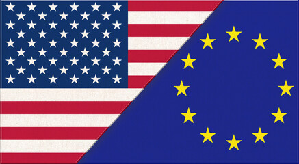 Flag of USA and European Union. American and EU flags on fabric texture