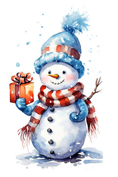 cute snowman holding a christmas present in watercolor painting design isolated against transparent background