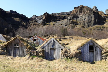 View of an abandoned house in the village of Kalfafell located in the south of Iceland
