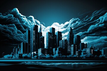 Stunning landscape with dark cityscape and bright blue sky. Generative AI