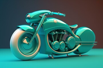 Blue racing motorcycle on turquoise backdrop, 3D rendered. Generative AI
