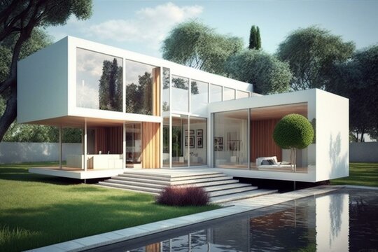 Contemporary summer residence with simple design and outdoor space. Generative AI