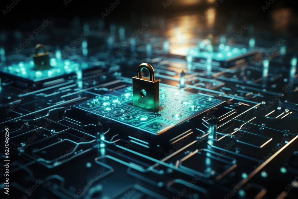 Poster a close up of a circuit board with a padlock on it. cyber security to safeguard your cryptocurrency 