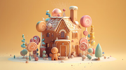 Christmas background with  amazing fairy gingerbread house. Christmas card with gingerbread cookies with chocolate, sweets, lollipops and candy canes. Greeting card. AI  generative.