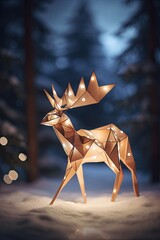 Merry christmas happy new year fancy gold deer shape in origami style on snowy background. Beautiful christmas background. Ai generative