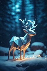 Merry christmas happy new year fancy gold deer shape in origami style on snowy background. Beautiful christmas background. Ai generative