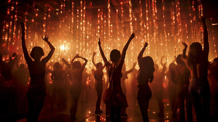 Night of Rhythm: Silhouettes of Dancing People Against the Backdrop of Dance Music