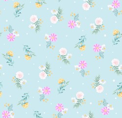 Watercolor flowers pattern, pink and white tropical elements, green leaves, blue background, seamless