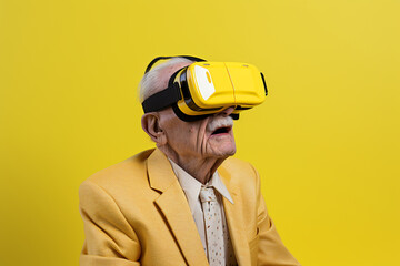 senior person with virtual reality glasses on yellow background
