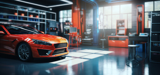 modern interior of car repair shop. service garage. banner with copy space. generative AI