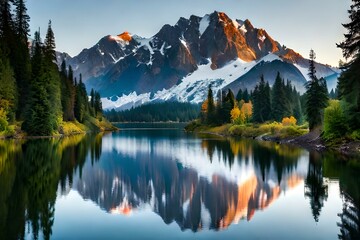 reflection of the mountain in the lake generated Ai.