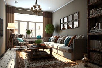 3D modeled living room interior. Generative AI