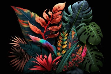 Colorful, tropical foliage on a dark backdrop. Generative AI
