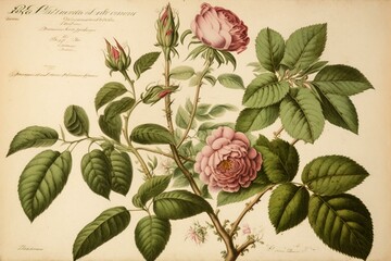 An antique drawing of the Rosa Multiflora Carnea by P. R. Redoute, originally published in Les Roses between 1817 and 1824. Generative AI - obrazy, fototapety, plakaty