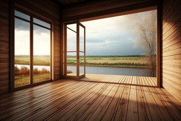 Wooden deck with wide window overlooking empty view. Generative AI