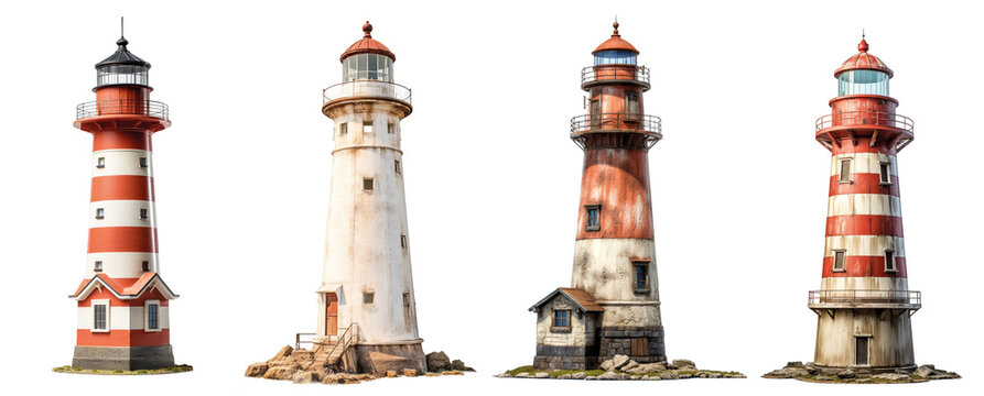 Collection of lighthouse isolated on transparent background