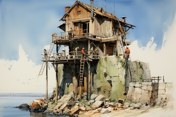 watercolor of men repairing a ramshackle wooden house by the sea, generative ai