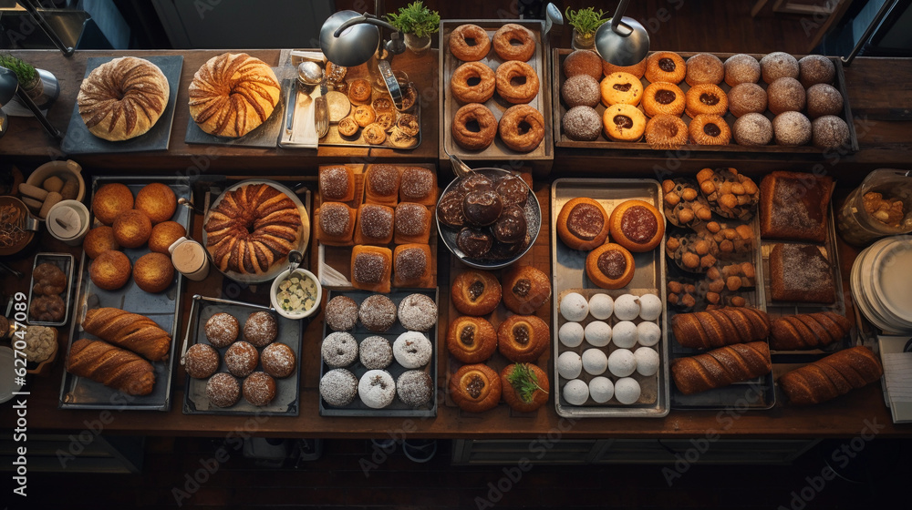 Wall mural Cinematic overhead shot of a gluten - free bakery, showcasing various breads, pastries, and desserts, beautifully arranged in a bakery display, with a touch of vintage charm - Wall murals