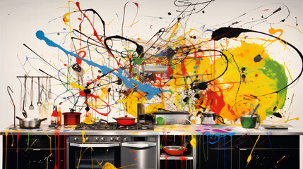 Abstract expressionist depiction of a gluten - free kitchen, with drips, splatters, and strokes of color representing various foods and ingredients.