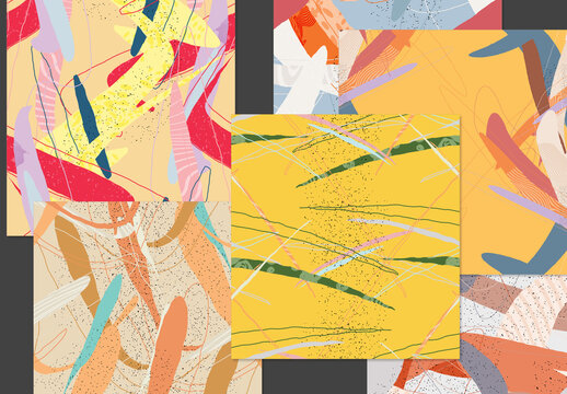 Seamless Pattern Set with Organic Grunge Textured Overlapping Oval Wavy Shapes and Lines