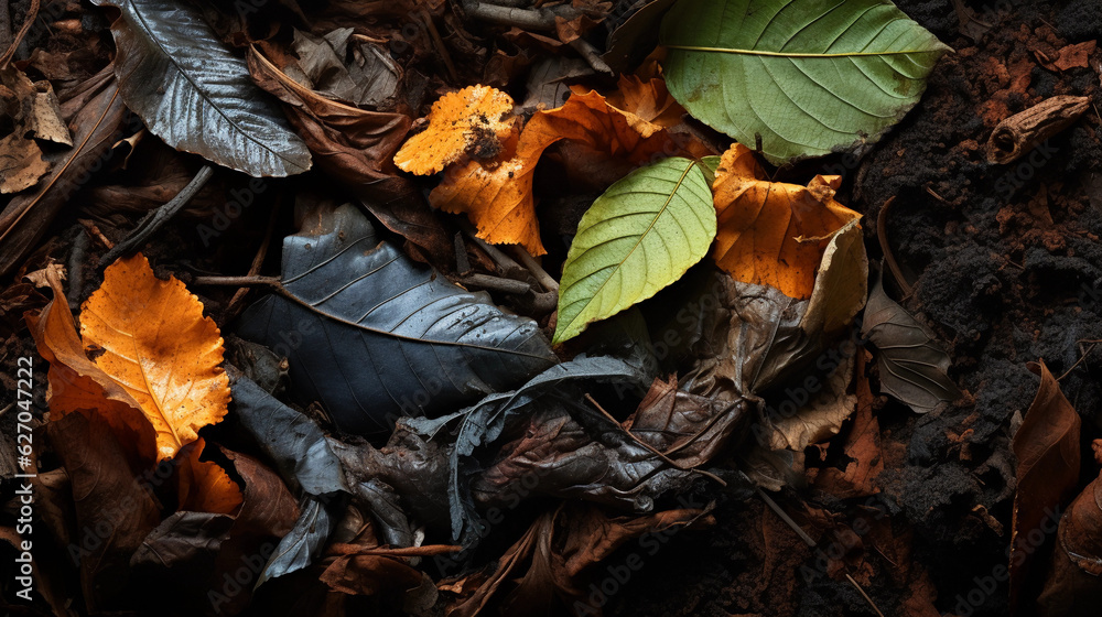 Wall mural close - up view of compost pile with visible textures: bark, leaves, food waste, high - contrast lig