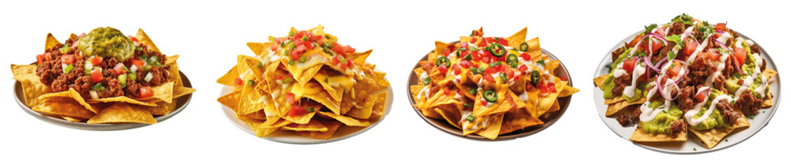 Plate of freshly made spicy nachos with guacamole  isolated on transparent background