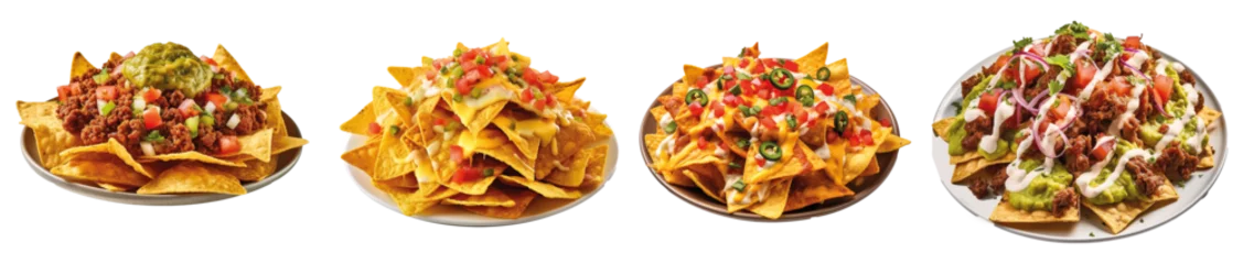 Papier Peint photo Piments forts Plate of freshly made spicy nachos with guacamole  isolated on transparent background