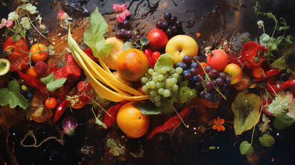 composting as nature's magic: fruits and vegetables transform into rich soil, vibrant color palette, watercolor effect