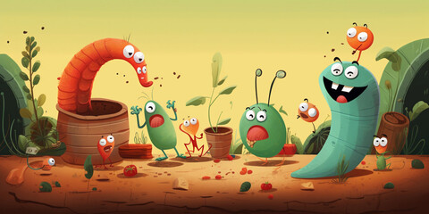 Obraz premium A whimsical, animated illustration of worms breaking down compost materials, cute characters, children's storybook style