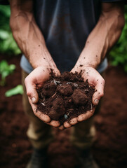 Close - up of hands holding rich, finished compost, crumbling it, ready for use in garden, earthy and organic