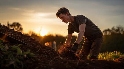 Environmental portrait of a gardener, mid 40s, joyfully turning compost pile with pitchfork, garden backdrop, sunset