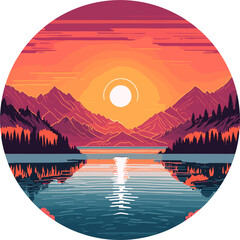 Vintage sunset serenity, mountains with sea and natures, rounded illustration (Generative AI)