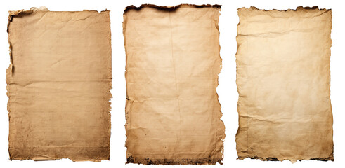 group of Old worn paper sheet isolated on transparent background