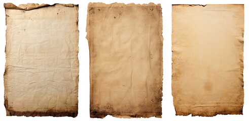 group of Old worn paper sheet isolated on transparent background