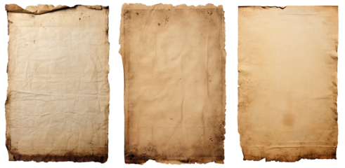 group of Old worn paper sheet isolated on transparent background