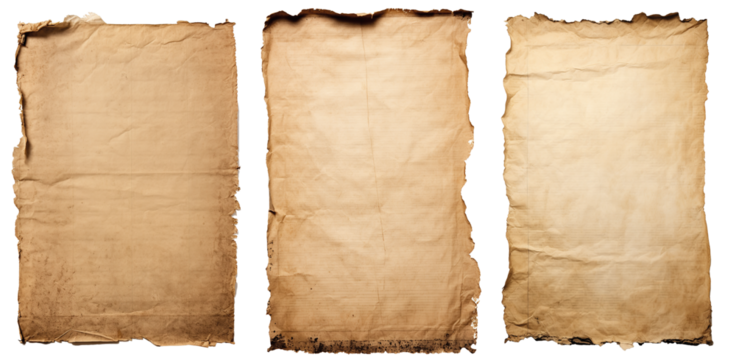 group of Old worn paper sheet isolated on transparent background