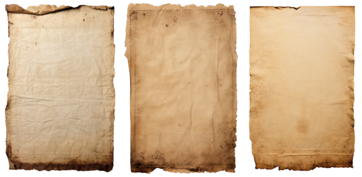 group of Old worn paper sheet isolated on transparent background