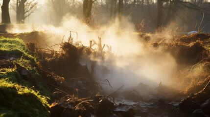 scene of steam rising from compost heap early in the chilly morning, dramatic backlight, dew on surrounding grass
