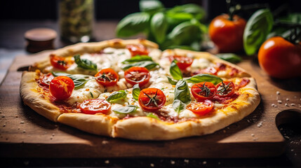 a gluten - free homemade pizza with a crispy crust, melted mozzarella, fresh basil, and cherry...