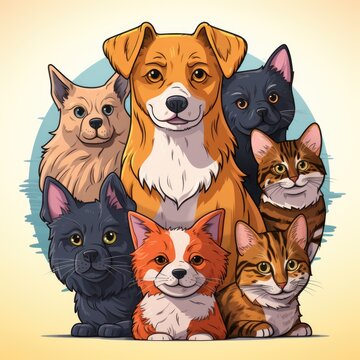 A group of cats and dogs sitting together. Digital image.