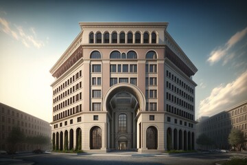 Fototapeta na wymiar Illustration of a 3D rendering of the Porticato Square building project. Generative AI