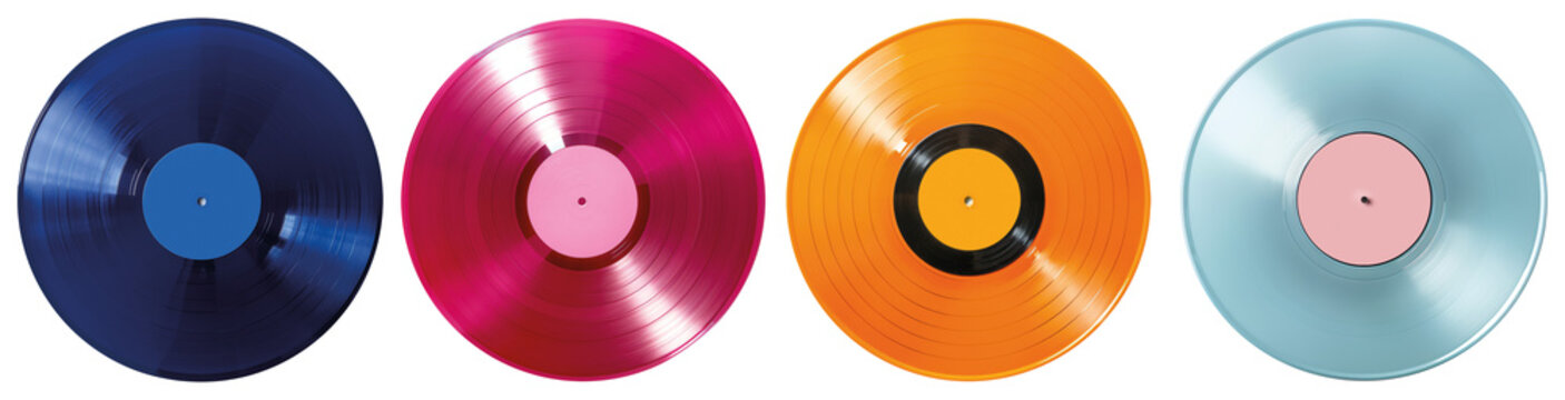 Collection of various color vinyl records with paper labels isolated on transparent background