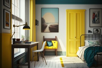 Bedroom with bed, painting, desk, chair, lamp, and yellow door. Generative AI