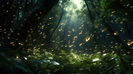 Enchanted Forest. Wide-Angle Swarm of Fireflies Lighting Up a Glade with Magical Glow. AI Generative