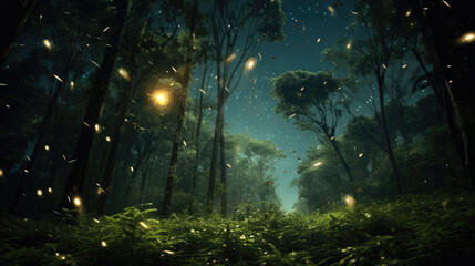 Enchanted Forest. Wide-Angle Swarm of Fireflies Lighting Up a Glade with Magical Glow. AI Generative