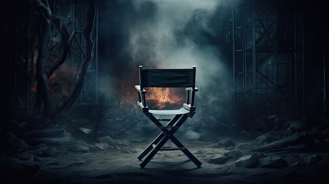 An empty director chair in front of an empty film set. Gloomy background