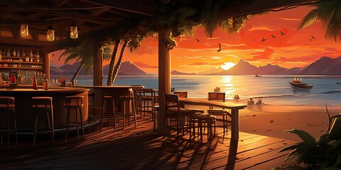 AI Generated. AI Generative. Vacation beach island sand sea ocean bar pub at sunset. Night party fun relaxing vibe with beautiful nature landscape on background